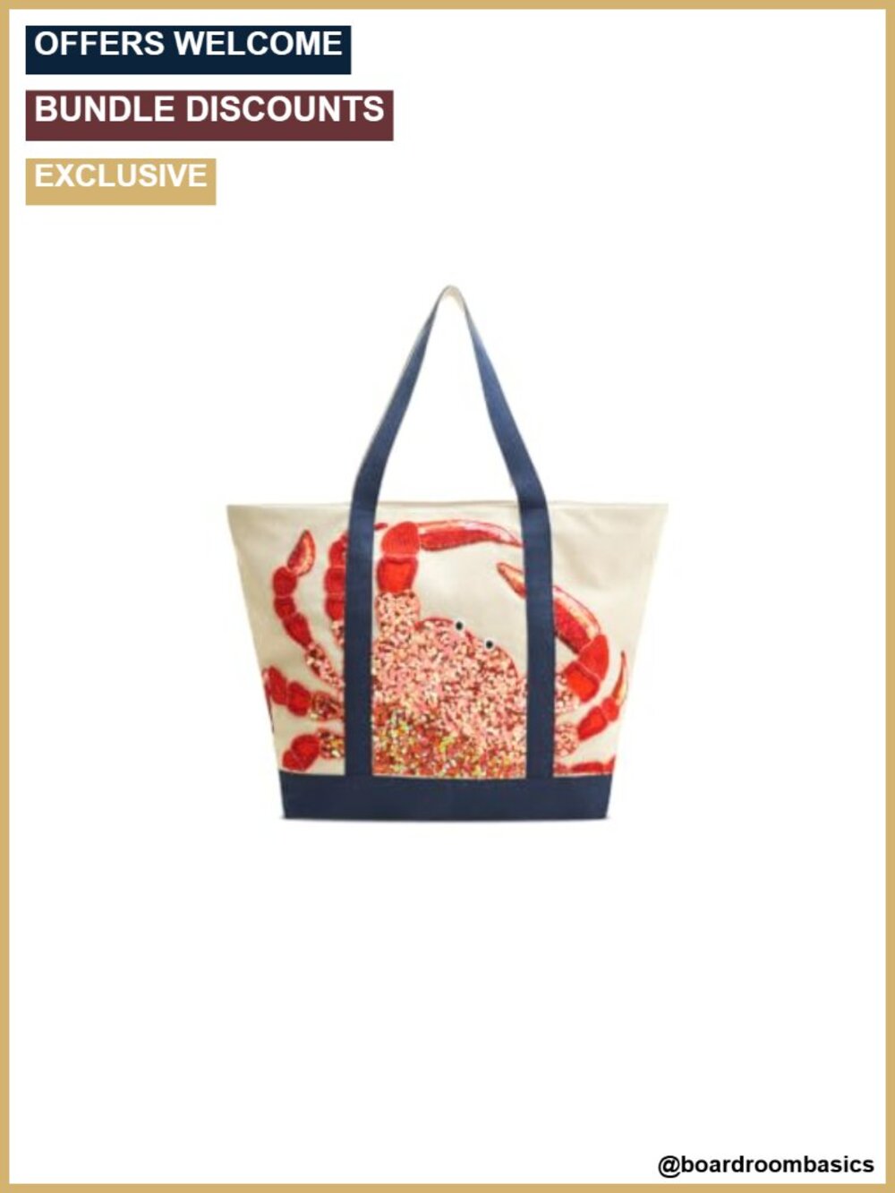 Hand-Beaded Canvas Tote Bag with Crab Motif, Nautical Style